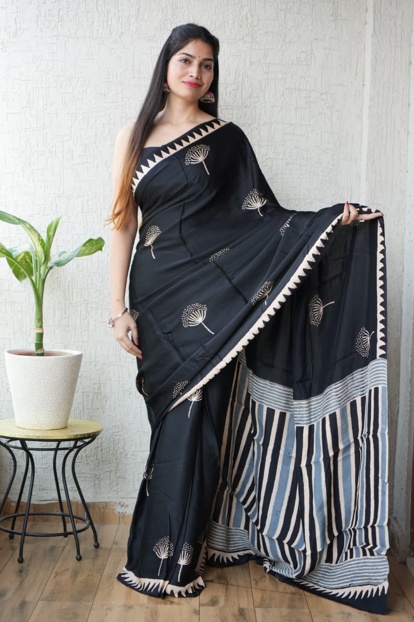 Ajrakh Hand Block Bagru Vanspati Printend Modal Silk Saree with Blouse (CID17)