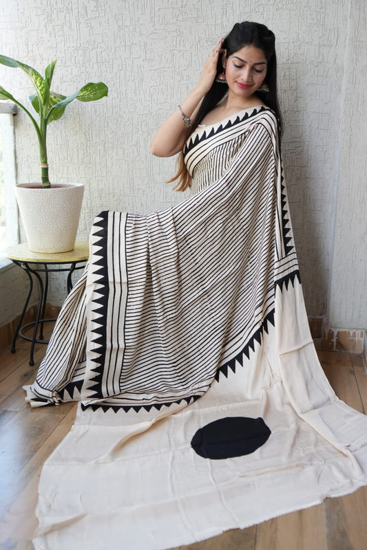 Ajrakh Hand Block Bagru Vanspati Printend Modal Silk Saree with Blouse (CID22)