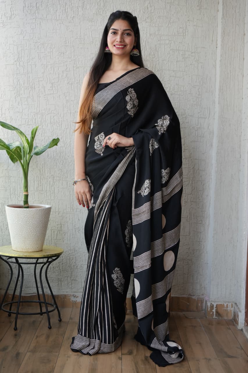 Ajrakh Hand Block Bagru Vanspati Printend Modal Silk Saree with Blouse (CID24)