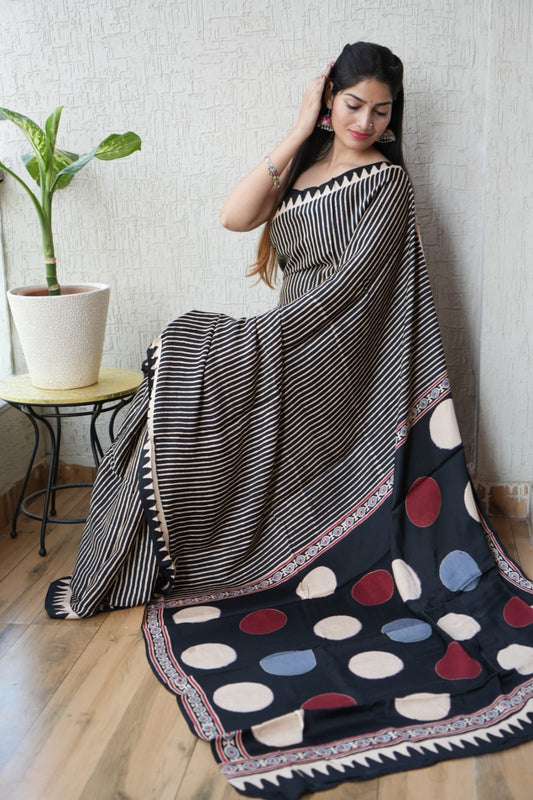 Ajrakh Hand Block Bagru Vanspati Printend Modal Silk Saree with Blouse (CID27)