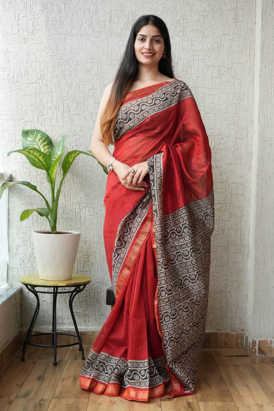 Jaipuri Hand Block Bagru Printed Maheshwari Silk Saree With Blouse (MSS106)