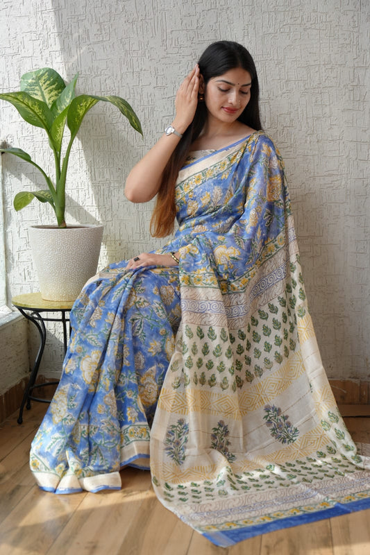 Jaipuri Hand Block Bagru Printed Maheshwari Silk Saree With Blouse (MSS107)
