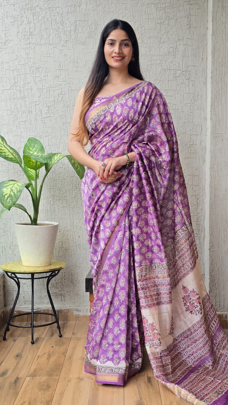 Jaipuri Hand Block Bagru Printed Maheshwari Silk Saree With Blouse (MSS111)