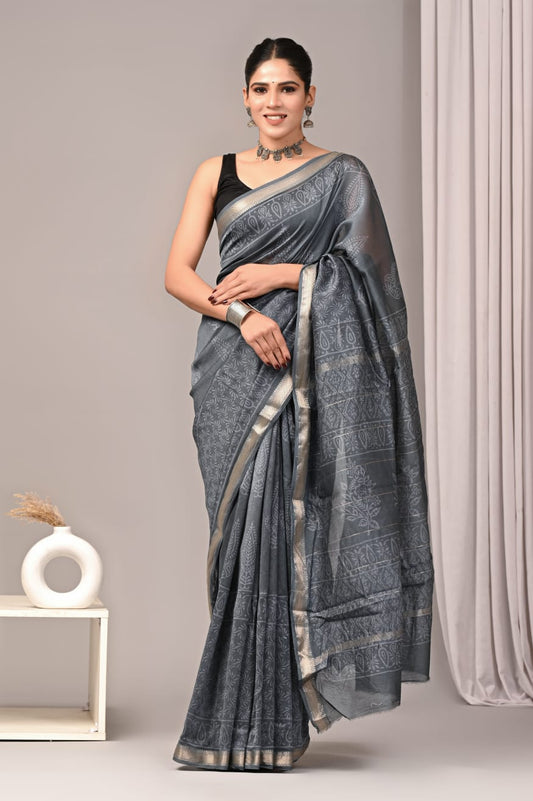 Jaipuri Hand Block Bagru Printed Maheshwari Silk Saree With Blouse (MSS113)