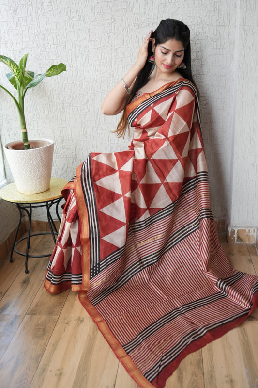 Jaipuri Hand Block Bagru Printed Maheshwari Silk Saree With Blouse (MSS84)