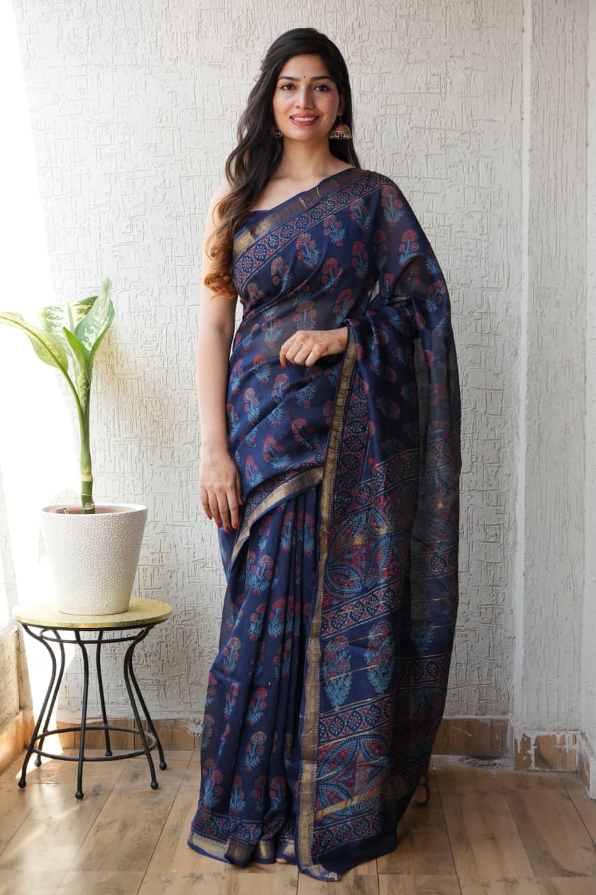 Jaipuri Hand Block Bagru Printed Maheshwari Silk Saree With Blouse (MSS94)