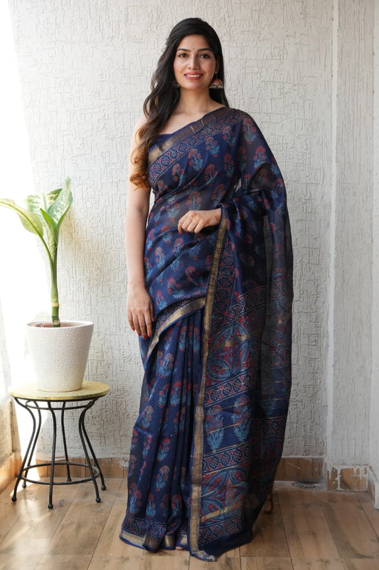 Jaipuri Hand Block Bagru Printed Maheshwari Silk Saree With Blouse (MSS94)