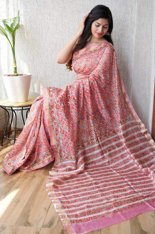 Jaipuri Hand Block Bagru Printed Maheshwari Silk Saree With Blouse (MSS98)