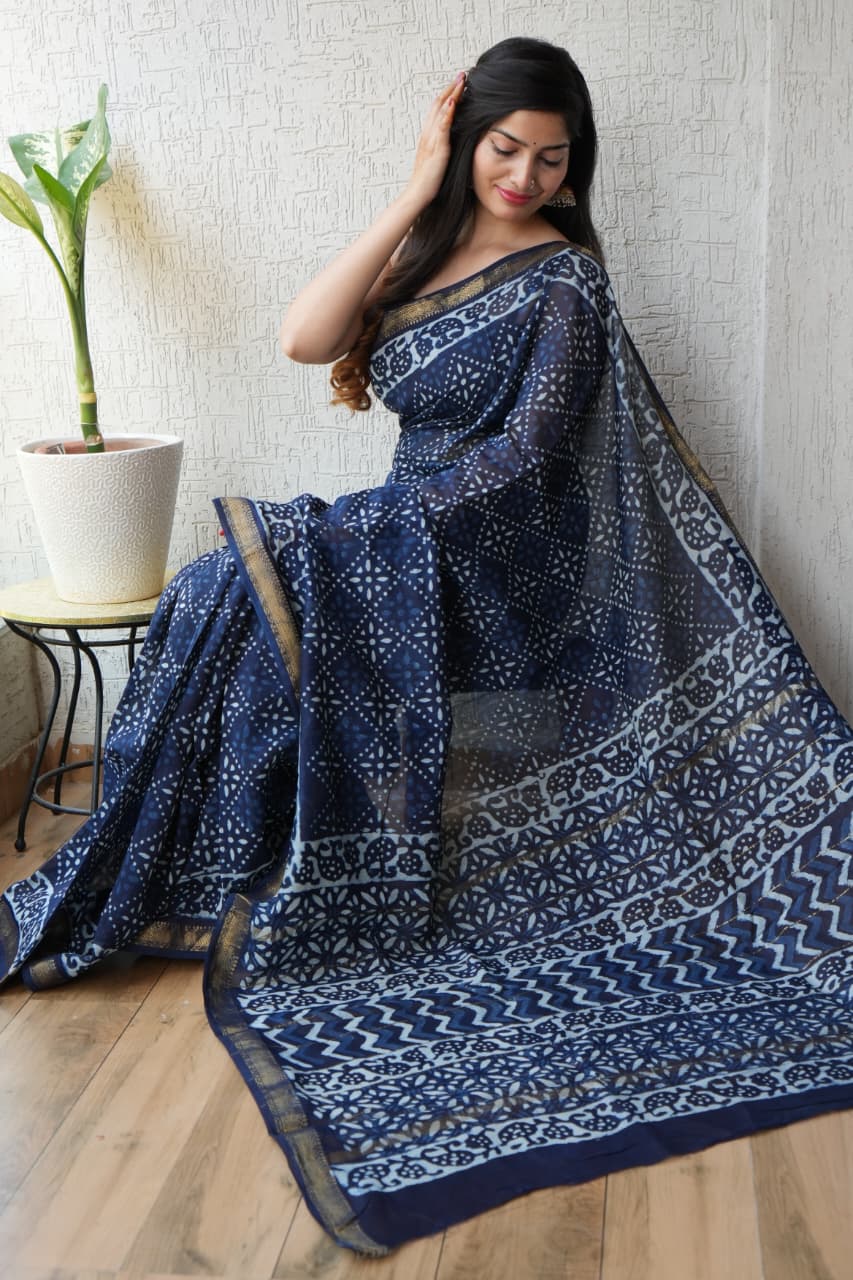 Jaipuri Hand Block Bagru Printed Maheshwari Silk Saree With Blouse (MSS100)