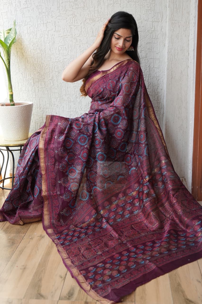 Jaipuri Hand Block Bagru Printed Maheshwari Silk Saree With Blouse (MSS102)
