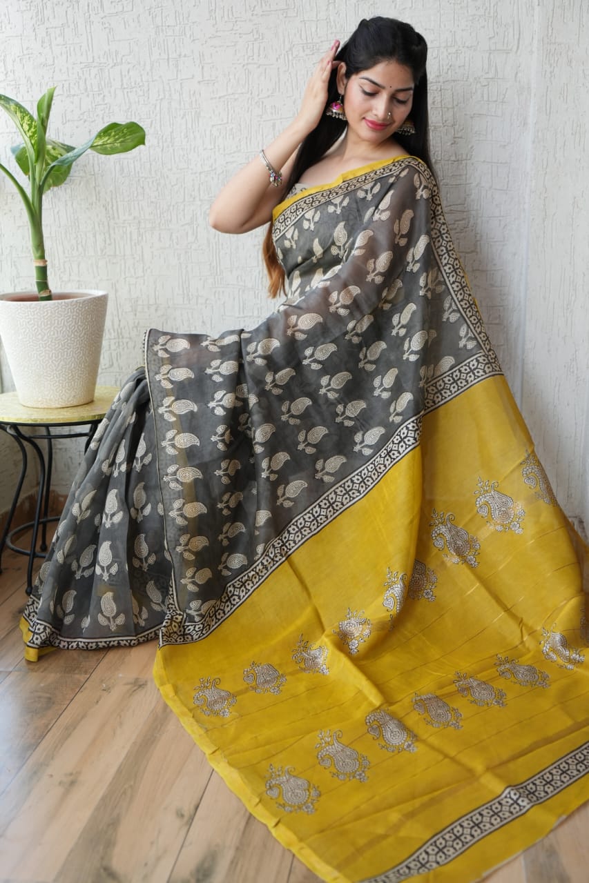 Bagru Hand Block Printed Chanderi Silk Saree with Blouse (CSS67)