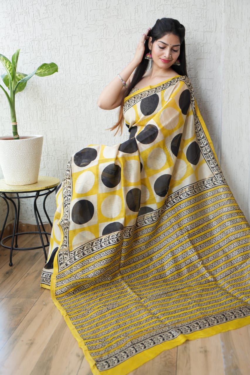 Bagru Hand Block Printed Chanderi Silk Saree with Blouse (CSS66)