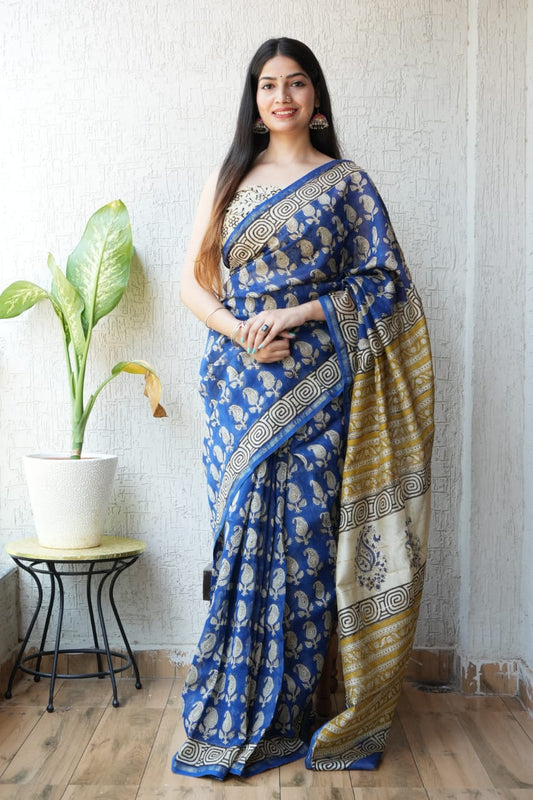 Bagru Hand Block Printed Chanderi Silk Saree with Blouse (CSS68)
