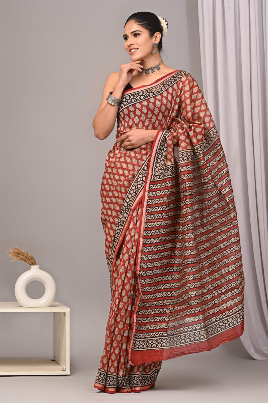 Bagru Hand Block Printed Chanderi Silk Saree with Blouse (CSS72)