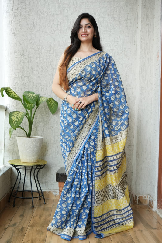 Bagru Hand Block Printed Chanderi Silk Saree with Blouse (CSS77)