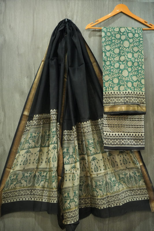 JAIPURI HAND BLOCK PRINTED MAHESHWARI SILK SUIT WITH SILK DUPPATA (MSD76)