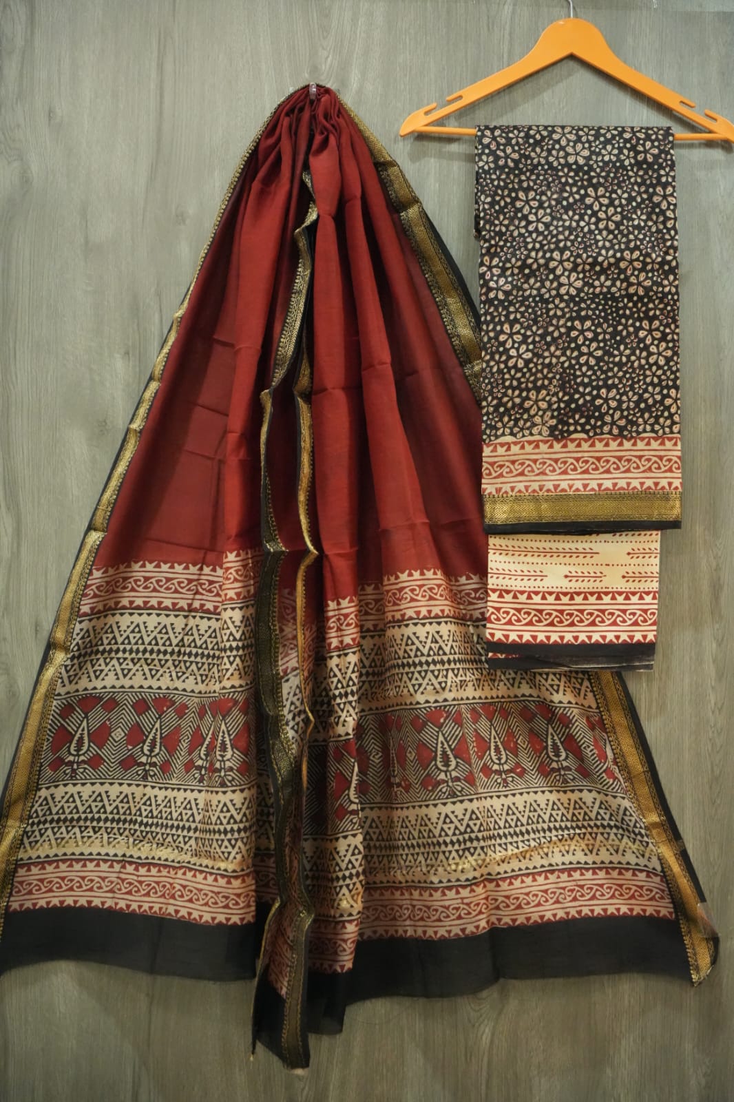 JAIPURI HAND BLOCK PRINTED MAHESHWARI SILK SUIT WITH SILK DUPPATA (MSD77)