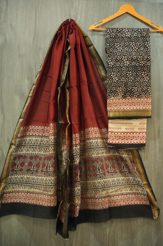 JAIPURI HAND BLOCK PRINTED MAHESHWARI SILK SUIT WITH SILK DUPPATA (MSD77)