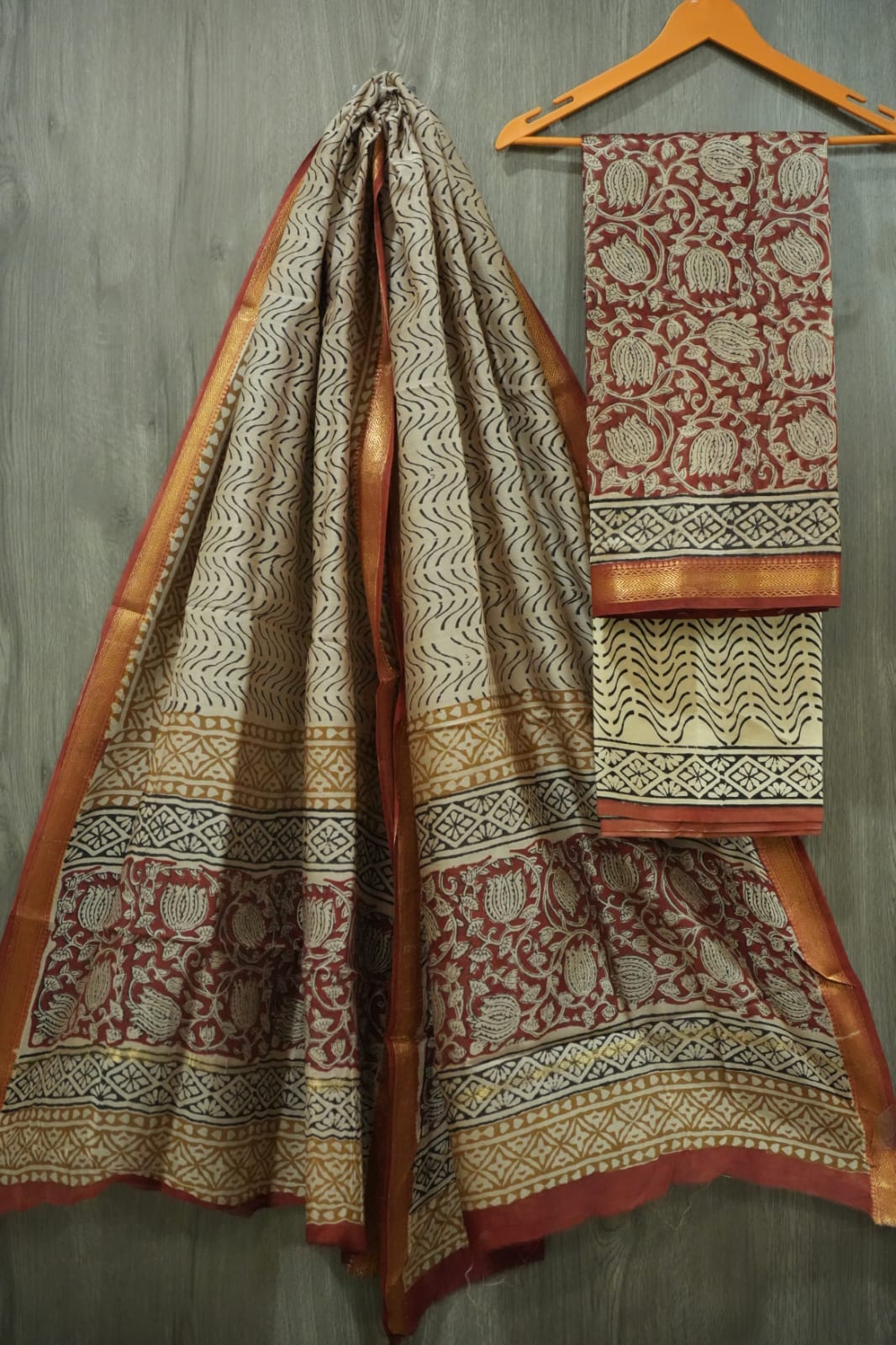 JAIPURI HAND BLOCK PRINTED MAHESHWARI SILK SUIT WITH SILK DUPPATA (MSD78)