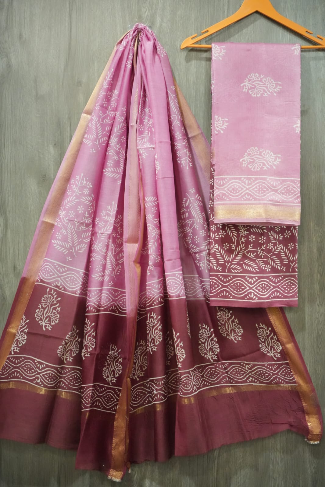 JAIPURI HAND BLOCK PRINTED MAHESHWARI SILK SUIT WITH SILK DUPPATA (MSD81)