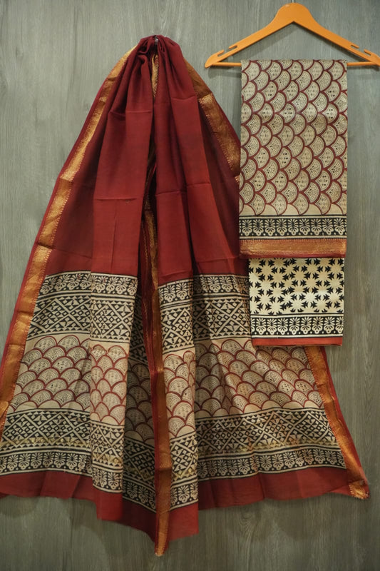 JAIPURI HAND BLOCK PRINTED MAHESHWARI SILK SUIT WITH SILK DUPPATA (MSD90)