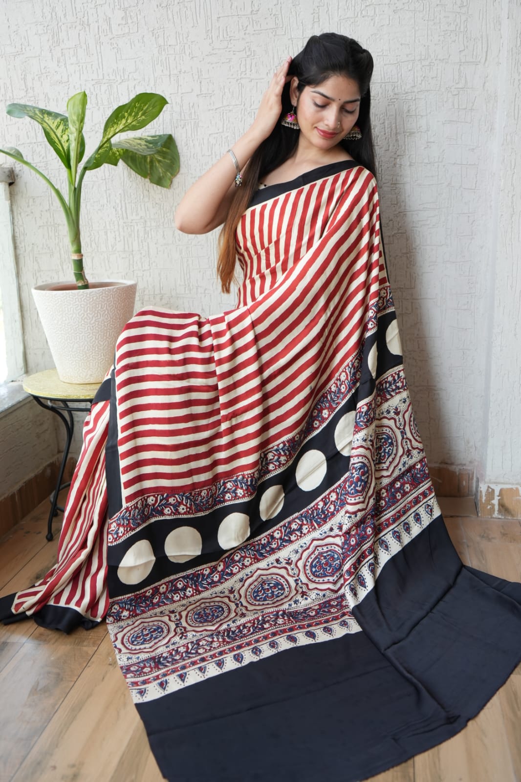 Ajrakh Hand Block Bagru Vanspati Printend Modal Silk Saree with Blouse (CID35)