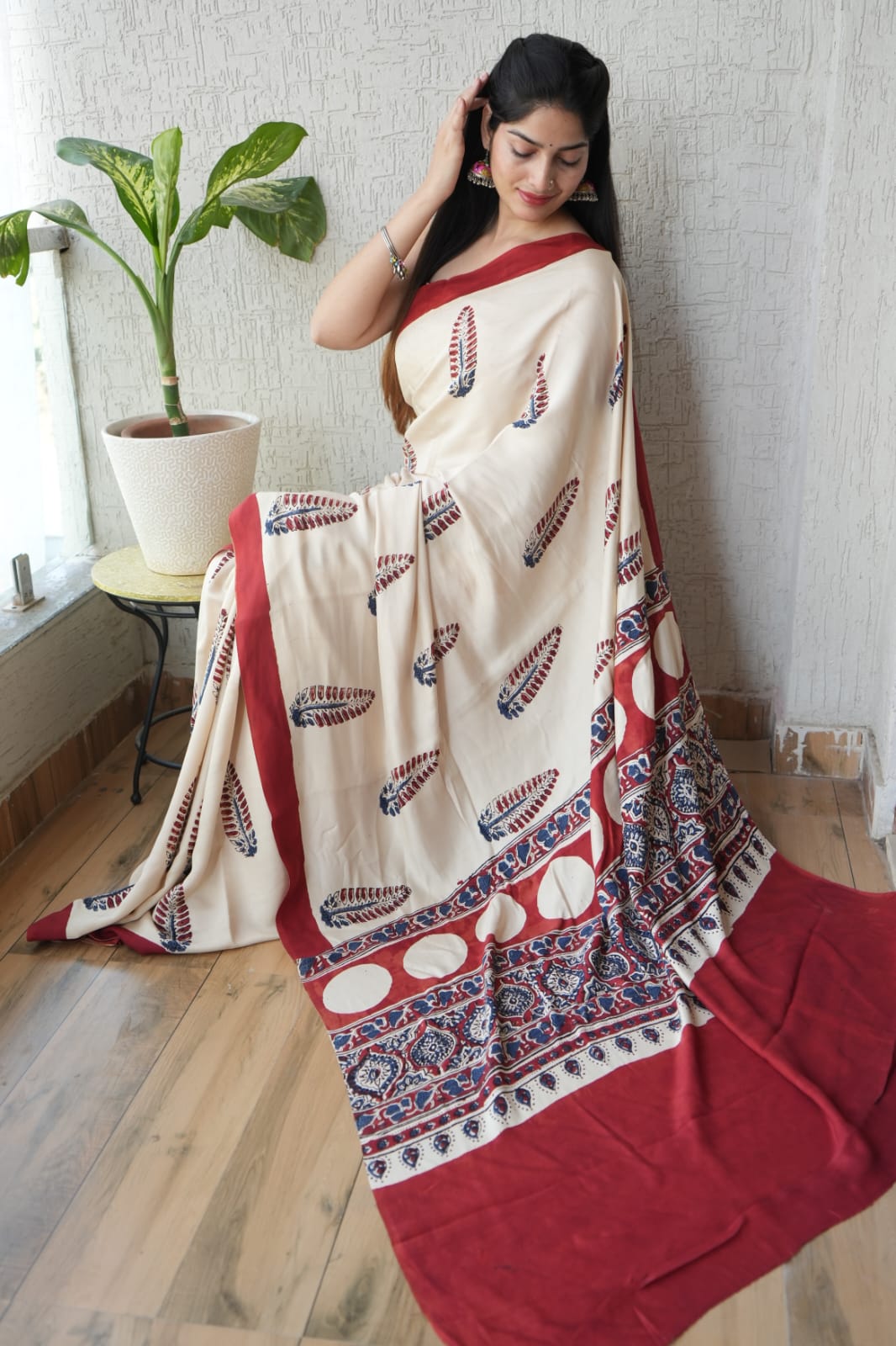 Ajrakh Hand Block Bagru Vanspati Printend Modal Silk Saree with Blouse (CID31)