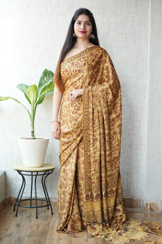 Ajrakh Hand Block Bagru Vanspati Printend Modal Silk Saree with Blouse (CID37)