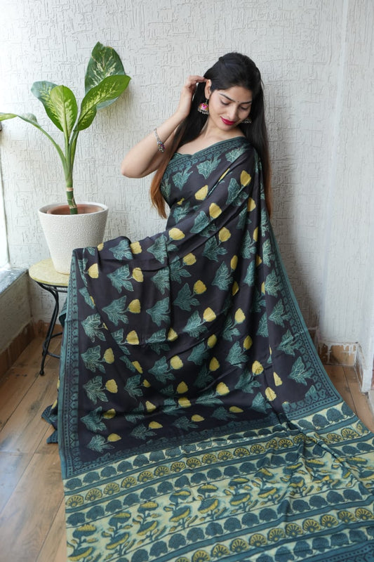 Ajrakh Hand Block Bagru Vanspati Printend Modal Silk Saree with Blouse (CID45)