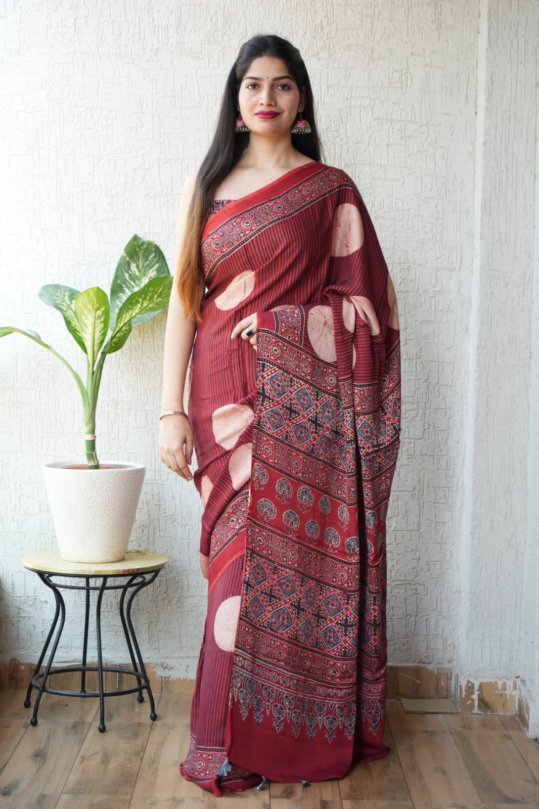 HAND BLOCK PRINTED AJRAKH MODAL SILK SAREE (CIG35)