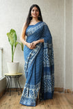 HAND BLOCK BLACK & WHITE PRINTED COTTON LINEN SAREE WITH BLOUSE  (LCS90)