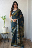 HAND BLOCK BLACK & WHITE PRINTED COTTON LINEN SAREE WITH BLOUSE  (LCS92)