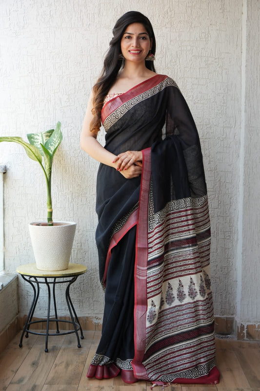 HAND BLOCK BLACK & WHITE PRINTED COTTON LINEN SAREE WITH BLOUSE  (LCS96)