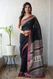 HAND BLOCK BLACK & WHITE PRINTED COTTON LINEN SAREE WITH BLOUSE  (LCS96)