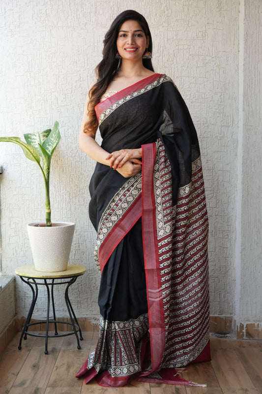 HAND BLOCK BLACK & WHITE PRINTED COTTON LINEN SAREE WITH BLOUSE  (LCS97)