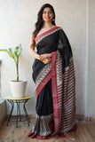 HAND BLOCK BLACK & WHITE PRINTED COTTON LINEN SAREE WITH BLOUSE  (LCS97)