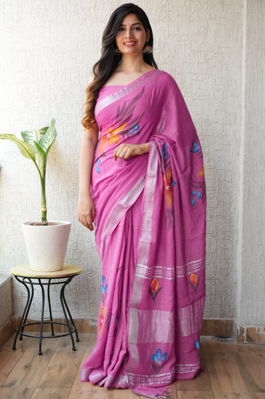 HAND BLOCK BLACK & WHITE PRINTED COTTON LINEN SAREE WITH BLOUSE  (LCS102)