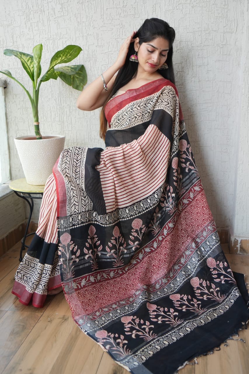 HAND BLOCK BLACK & WHITE PRINTED COTTON LINEN SAREE WITH BLOUSE  (LCS107)