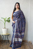 HAND BLOCK BLACK & WHITE PRINTED COTTON LINEN SAREE WITH BLOUSE  (LCS105)