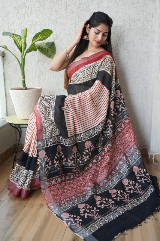 HAND BLOCK BLACK & WHITE PRINTED COTTON LINEN SAREE WITH BLOUSE  (LCS107)