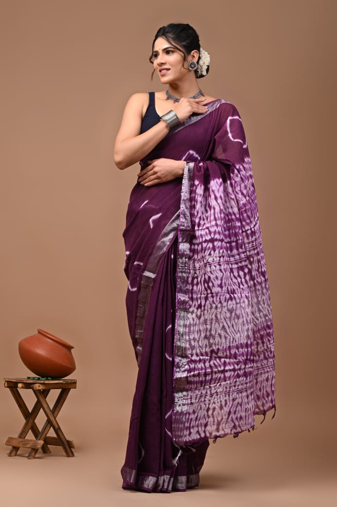 HAND BLOCK BLACK & WHITE PRINTED COTTON LINEN SAREE WITH BLOUSE  (LCS113)