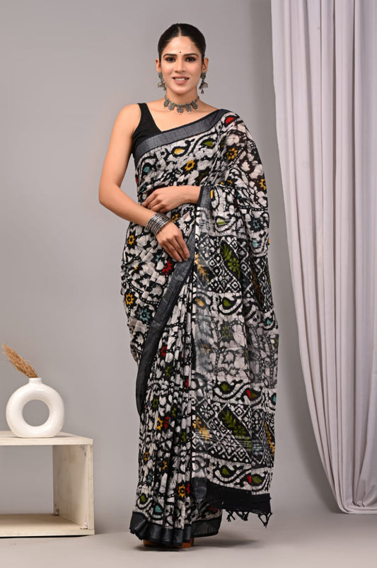 HAND BLOCK BLACK & WHITE PRINTED COTTON LINEN SAREE WITH BLOUSE  (LCS111)