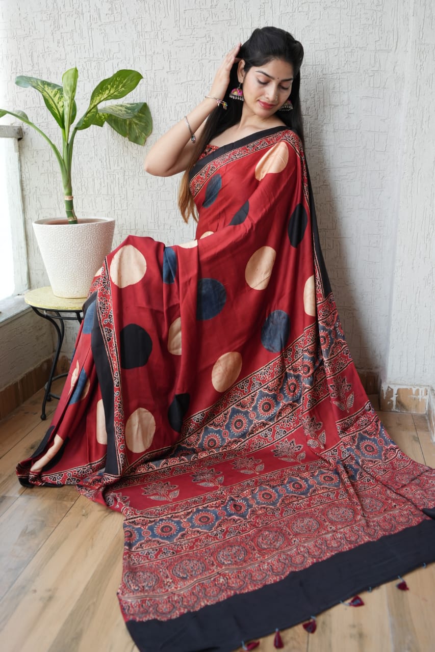 HAND BLOCK PRINTED AJARKH MODAL SILK SAREE (CIG20)