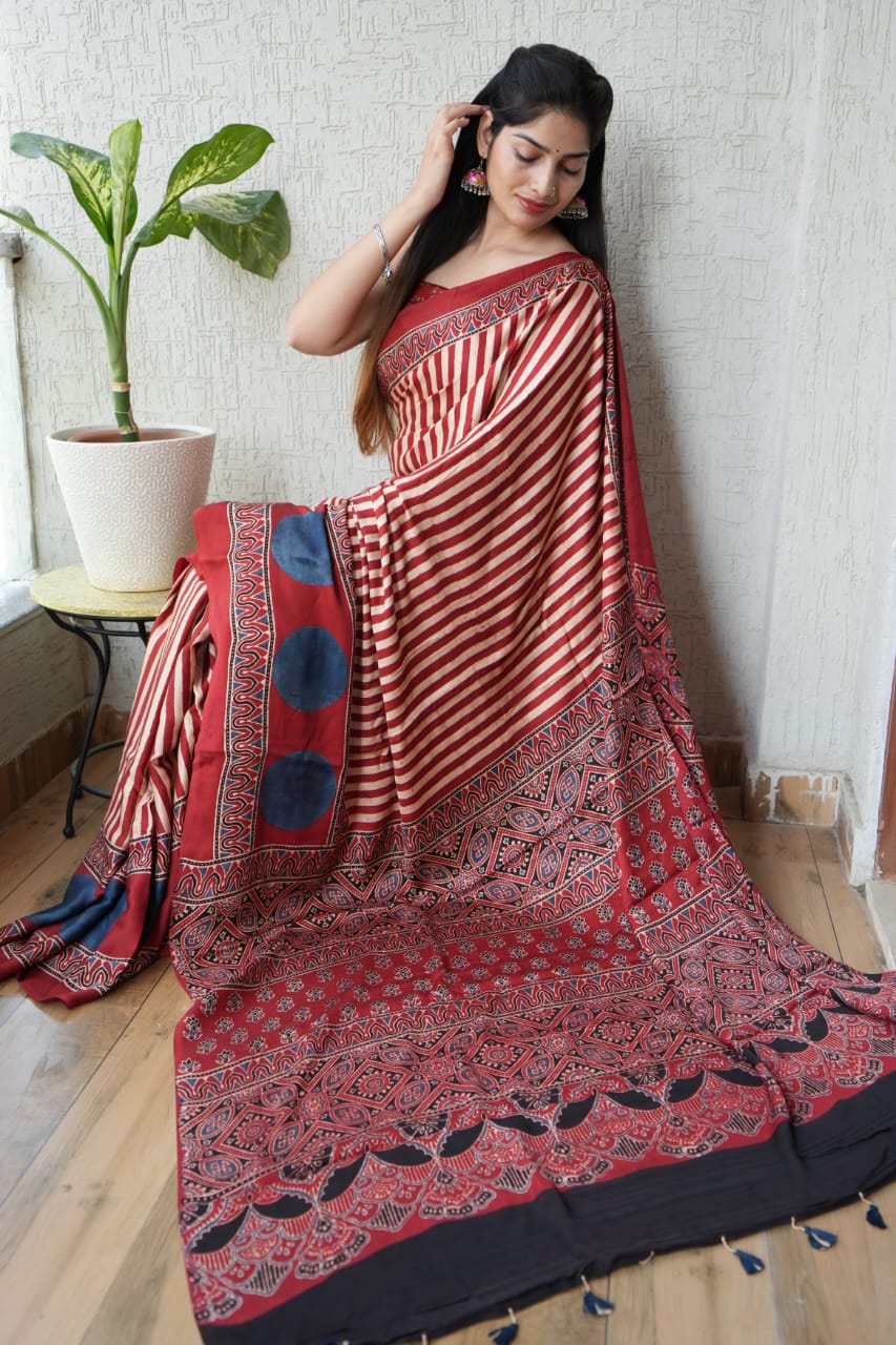 HAND BLOCK PRINTED AJRAKH MODAL SILK SAREE (CIG40)