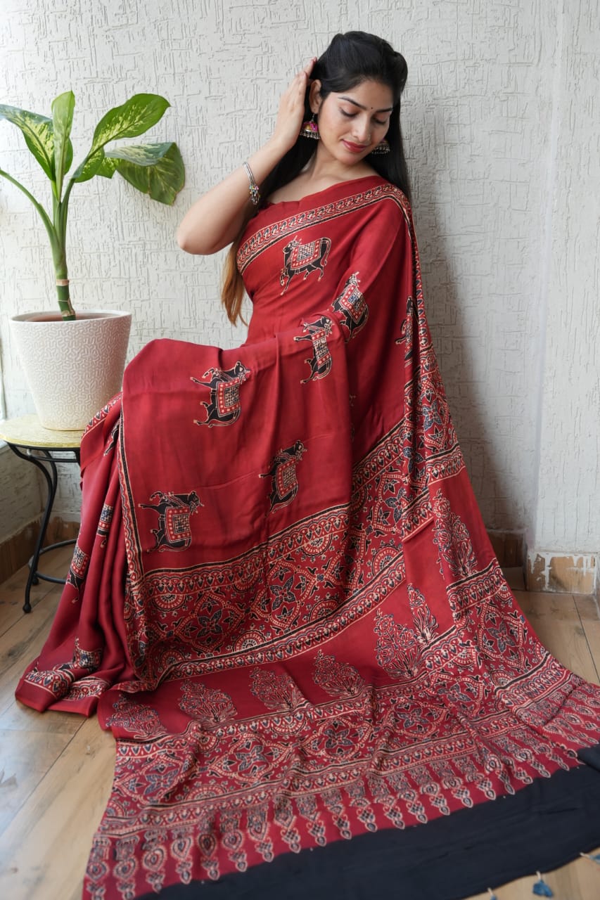 HAND BLOCK PRINTED AJRAKH MODAL SILK SAREE (CIG39)