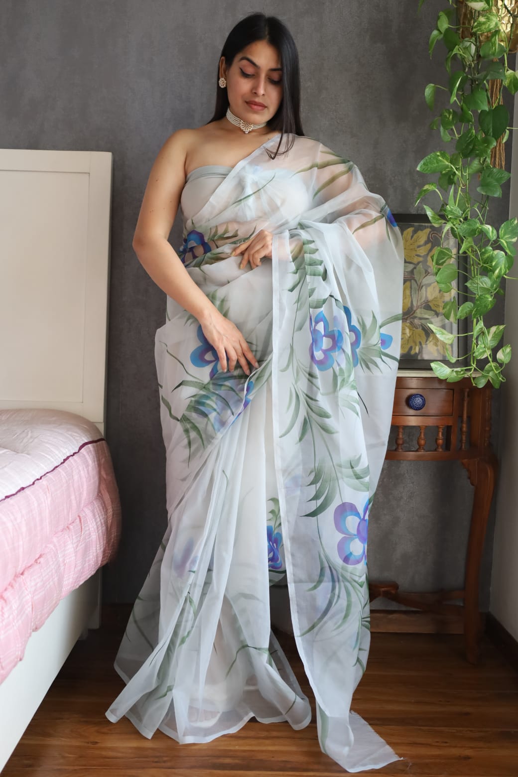HAND BURSH PAINTED ORGANZA SILK SAREE WITH BLOUSE (CIB28)