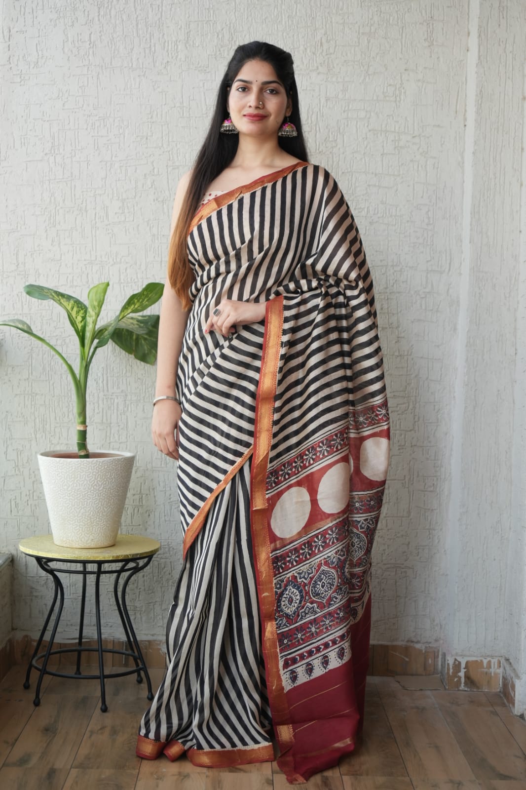 Jaipuri Hand Block Bagru Printed Maheshwari Silk Saree With Blouse (MSS122)