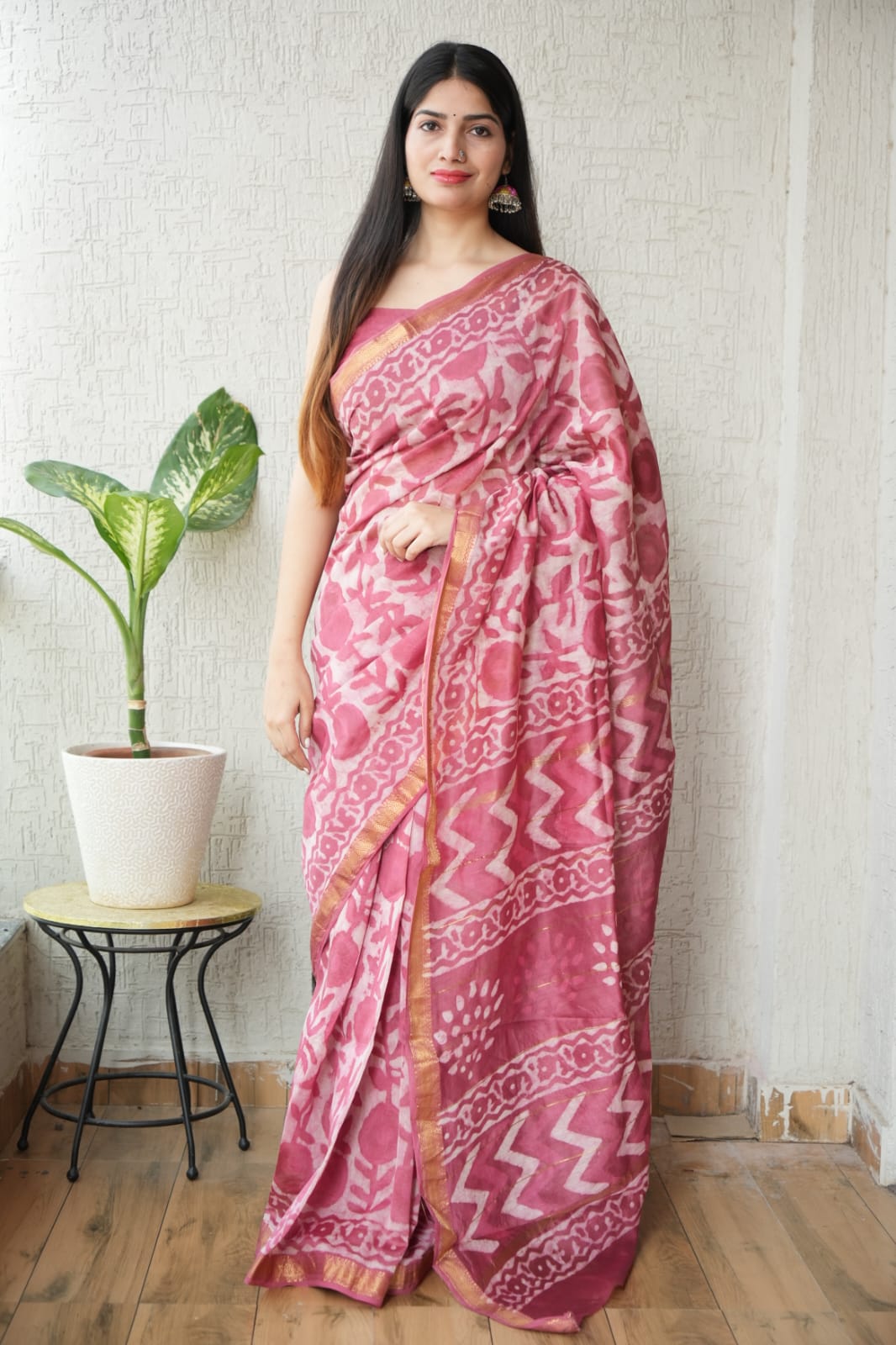Jaipuri Hand Block Bagru Printed Maheshwari Silk Saree With Blouse (MSS124)