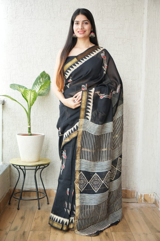 Jaipuri Hand Block Bagru Printed Maheshwari Silk Saree With Blouse (MSS119)