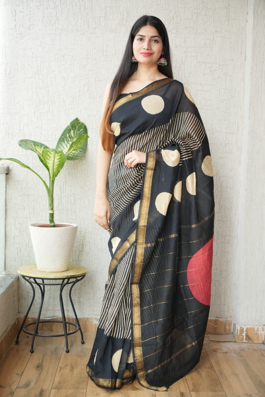 Jaipuri Hand Block Bagru Printed Maheshwari Silk Saree With Blouse (MSS117)